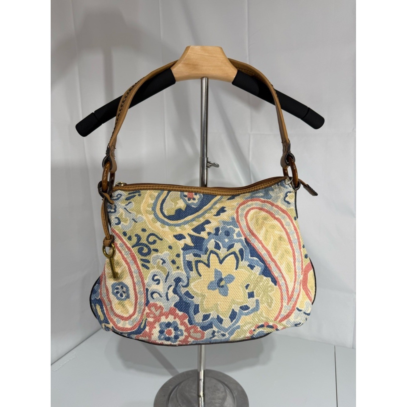 Fossil Vintage Paisley Shoulder Bag Canvas Leather Trim Boho Y2K Key Charm