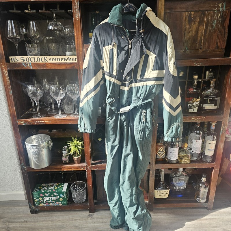 Vintage Bogner Ski Suit Mens Size 36 Green White One Piece Belted Made USA 90s