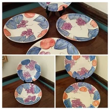 8Pc BELLA CERAMICA (2) Serving Salad Soup Bowls (4) Side (2) Dinner Plates Grape