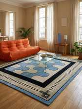 Hand Tufted Wool Area Rug Modern Blue Ivory Geometric Puzzle Pattern Luxury Scan