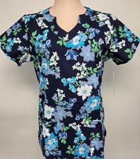 Women Scrub Top Cotton Blend Butter-Soft by UA Blue Floral S Small Pockets