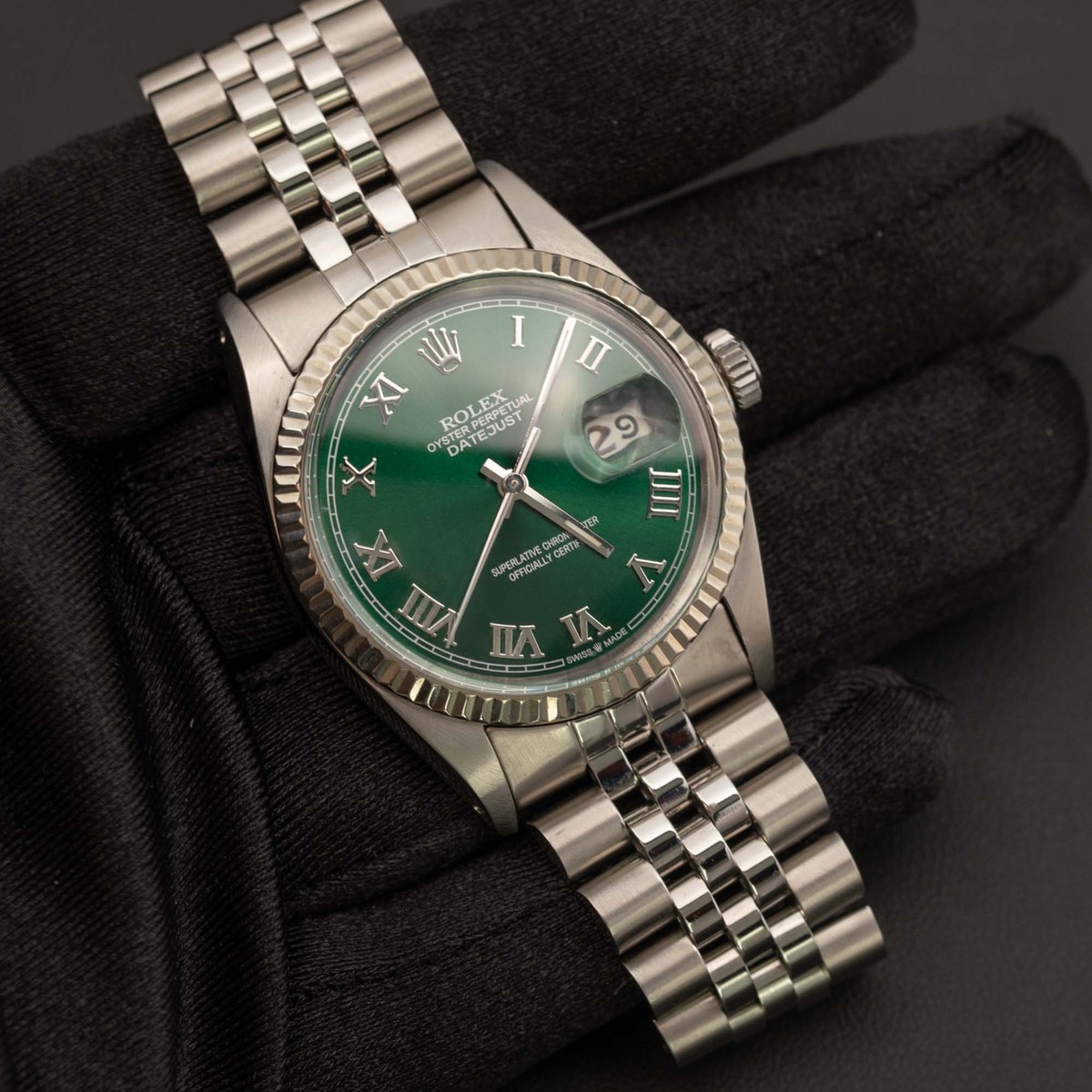 tdfオリーブ36 Rolex Datejust 16014 Fluted Bezel Jubilee Watch 36mm Green Roman