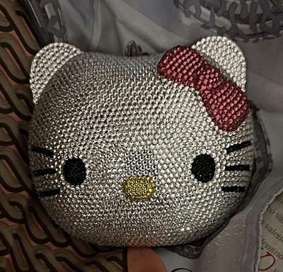 Hello Kitty Rhinestone Face Metal Purse w/ Chain Strap, Silver Red Bow