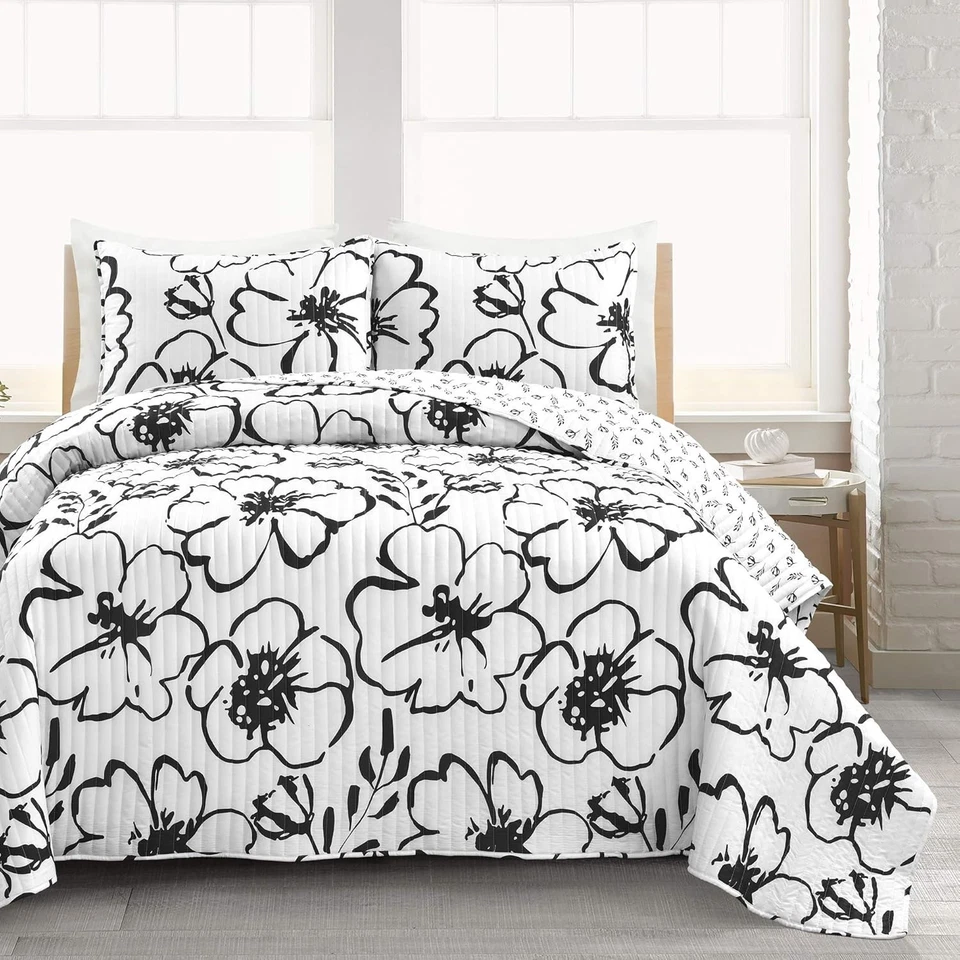 Elegante Juego de Edredón Floral Reversible Blanco y Negro con Fundas de Almohada - Completo/Reina Foto 3 de 4