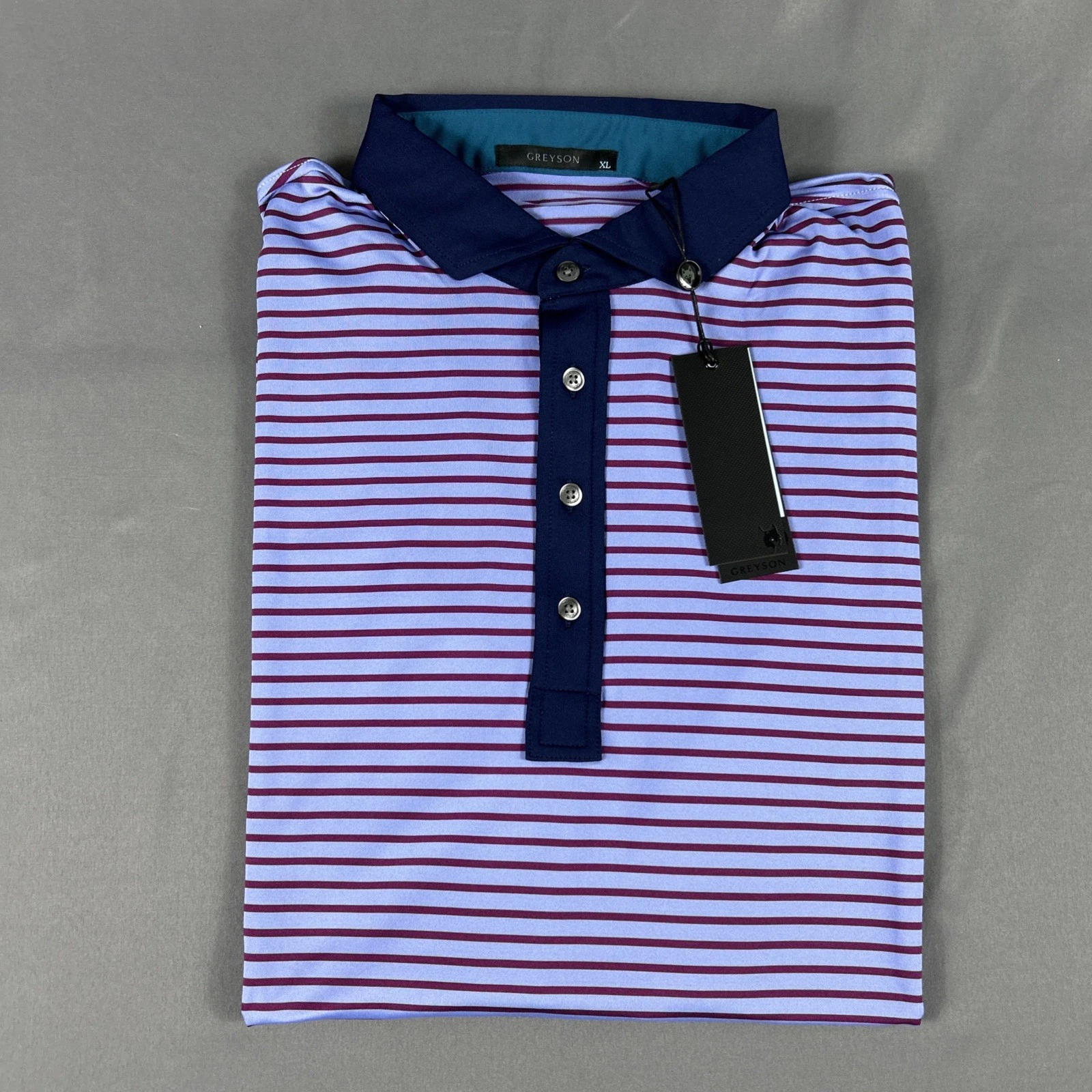 Greyson Golf Shirt Polo Natchez Striped XL Purple Polyester Spandex MSRP $118