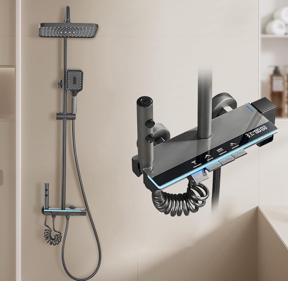 Colonne de douche LED thermostatique avec chronomètre digital et grand pommeau effet pluie