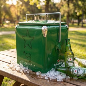 Heineken Classic Metal Cooler，14Qt Green Retro Ice Chest for Outdoor Parties
