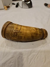 Rare Antique Early Primitive Carved Folk Art Game Powder Horn 6.75"