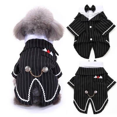 Dog Tuxedo Suit with Bow Tie, Formal Black & White Striped Dog Costume Outfit...
