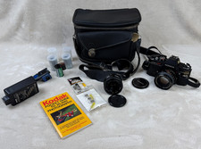 Vintage 35mm Camera Lot Konica Autoreflex TC w/ Bag 1 Lens Flash Film UNTESTED