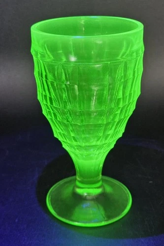 Vintage Hazel Atlas Green Uranium Glass Colonial Optic Goblet UV Glow 1930s