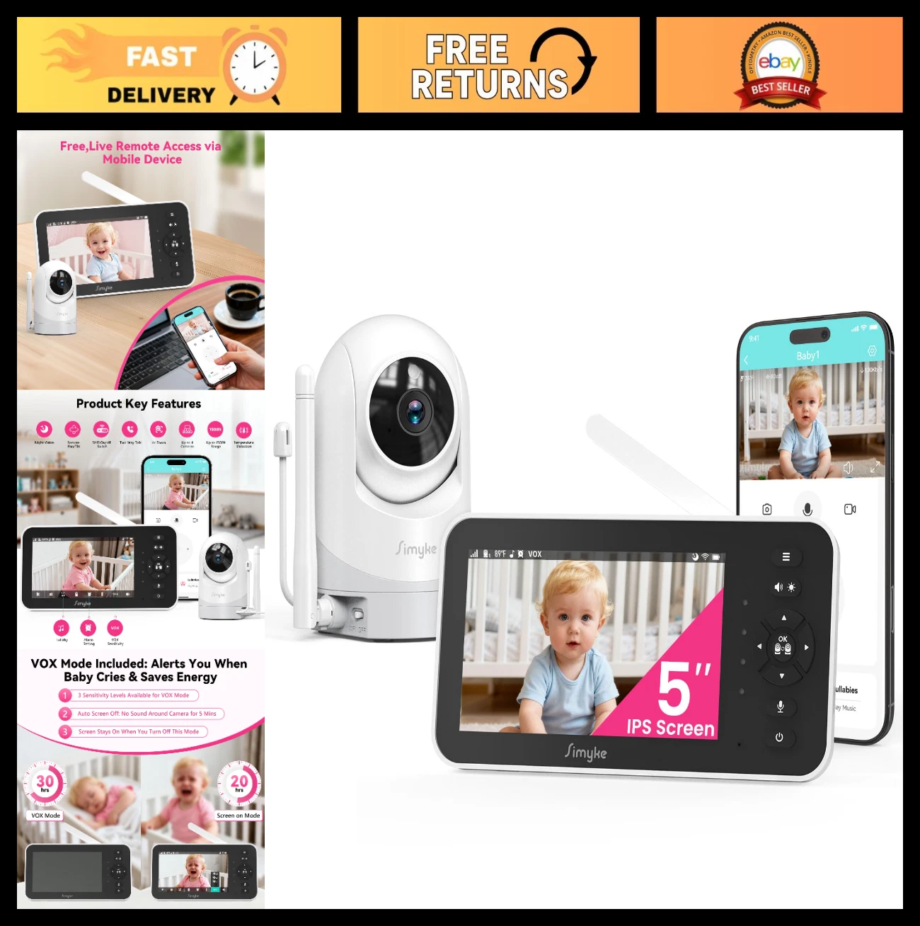 5" Video Baby Monitor 720P, WiFi Audio, Night Vision, 2-Way Talk, 1500ft Range