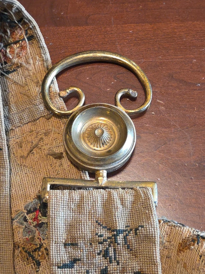 Antique Bell Pull Needlepoint Embroidery Brass Handle 19th Century as is - Image 2 of 4