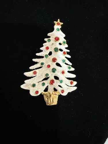 VTG Eisenberg Ice Frosted Gold Tone Red Green Gems Christmas Tree Brooch