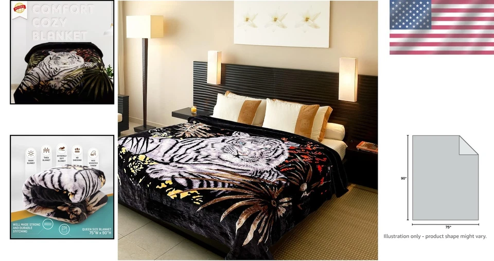 Cálida manta de felpa de tigre - 5,3 libras visón coreano tamaño queen para familiares y amigos Foto 2 de 4