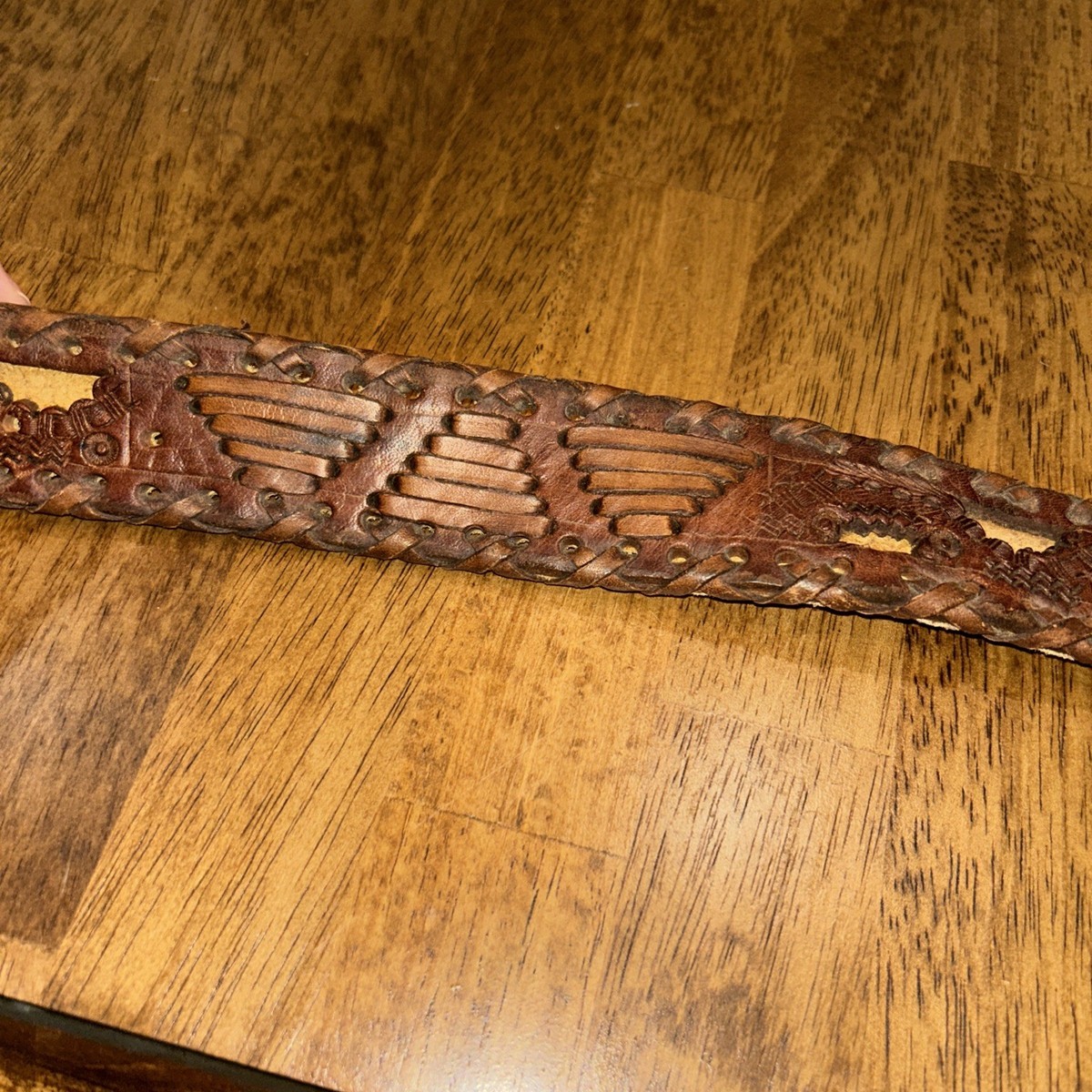 Vintage leather belt wooden buckle made in Mexico Vintage Hecho En Mexico Tooled & Braided Leather Belt 36  main image 3