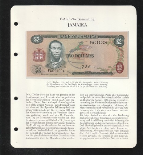 Jamaica $ 2 Dollars P-58 1948 - 1973 FAO Commemorative * RARE UNC * FOLDER / C - Picture 2 of 3