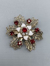 VINTAGE GOLD TONE RED  CLEAR RHINESTONES WHITE ENAMEL FLOWER PIN BROOCH