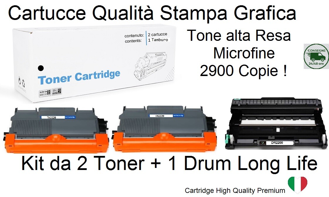 2 Toner TN2220 + 1 Drum DR2200 Compatibili per Brother HL-2230 HL-2240 HL-2250