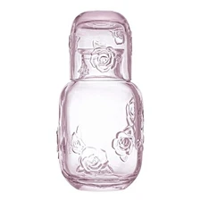 15 Oz Rose Embossed Pink Glass Bedside Night Water Carafe With Tumbler Glass.