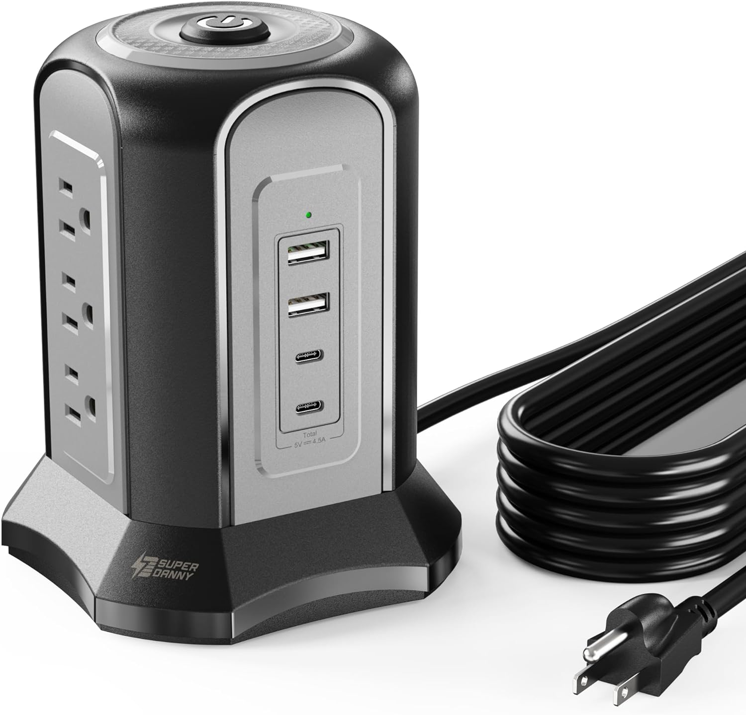 Power Strip Tower Surge Protector,10 Ft Cord,9 Outlets & 4 USB Ports, Black Grey