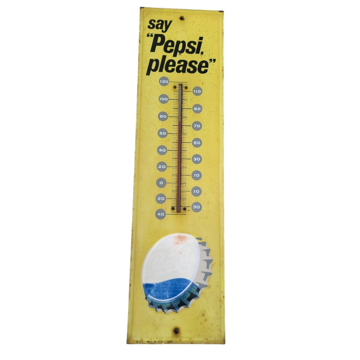 Vintage Say Pepsi Please Wall Thermometer M-165 Raised Bottle Cap