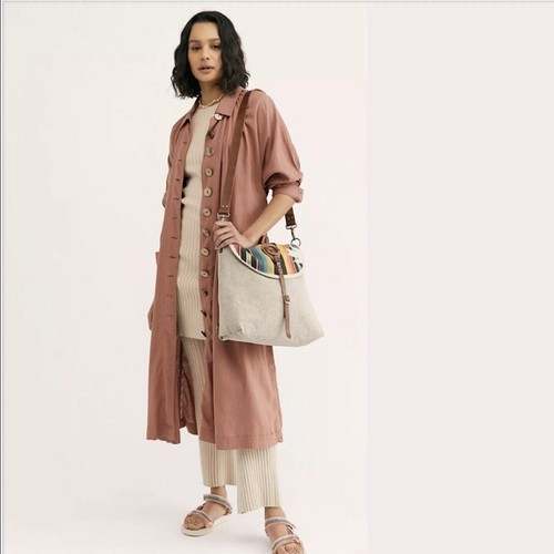 Free People Cappotto Spolverino Oversize Misto Lino Ruggine Cintura Bottoni Altalena Piccolo S - Foto 4 di 5