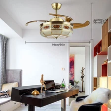 36" Tiffany LED Chandelier Invisible Ceiling Fan Light Ceiling Lamp with Remote~