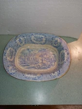 Ridgway  Oriental  Oval Vegetable Bowl  9 1/2"   Soft Blue/ Gold Trim 1800's
