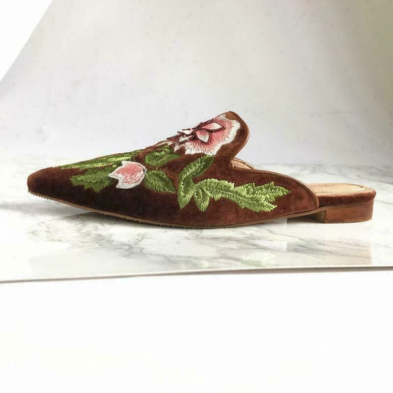 Mujer Floral Terciopelo Punta Mules Informal Zapatillas Zapatos Bomba Foto 3 de 4