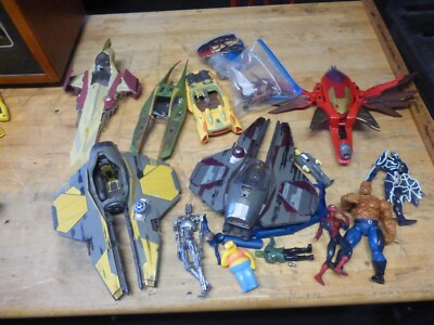 vintage lot of 6 star wars spaceships series 2001 & other toy figure spiderman