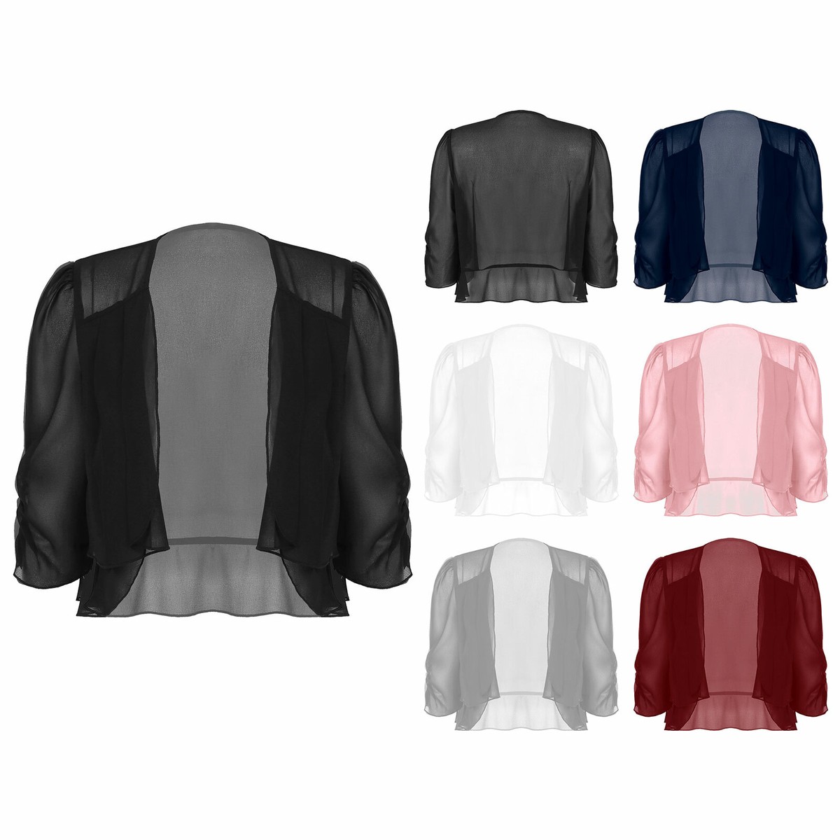 Women's Chiffon Shrug Bolero – 3/4 Sleeve, Open Front, Cropped – Wedding/Evening Cape (No Tags)