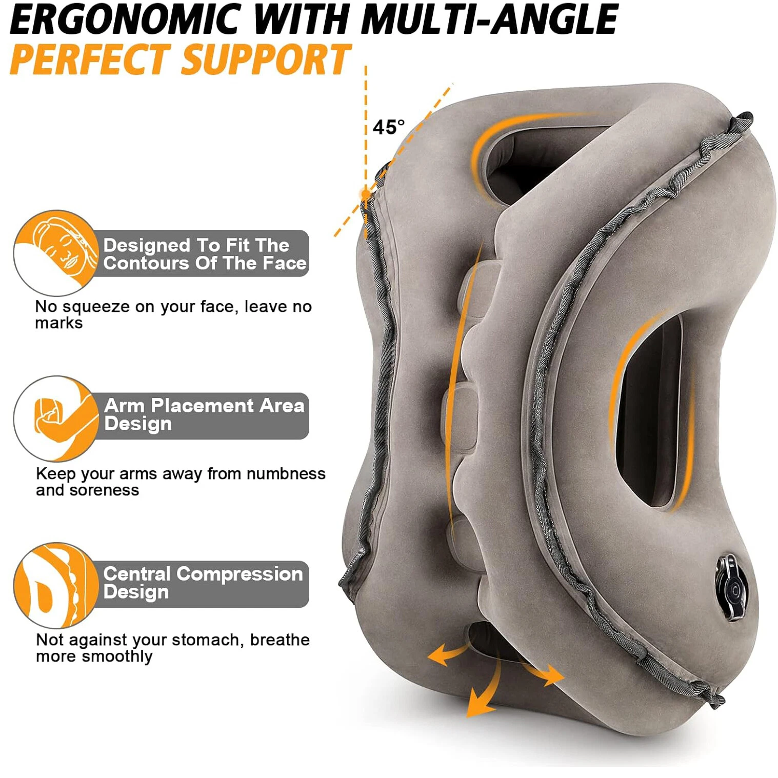 Ergonomic travel pillow with face and arm openings