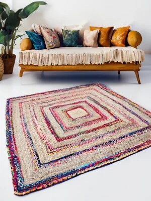 Square Rug Braided Rugs Jute Multi Colour Recycled Fabric Flat Weave Reversible - Image 1 of 4