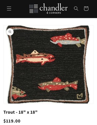 Chandler 4 Corners  Hooked Wool Pillow Fishing Fish Trout Lodge 18x18