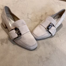 Deltan "Veronica" Beige Genuine Suede Buckle Loafers, Size US 8, UK 6, EU 39