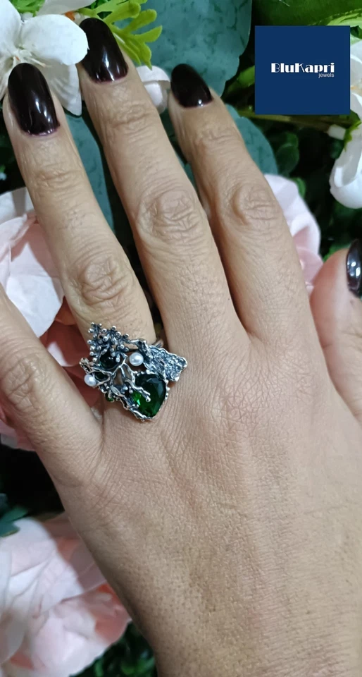 Anello donna argento 925 con pietra verde e perline gioiello artigianale orafo - Immagine 4 di 4