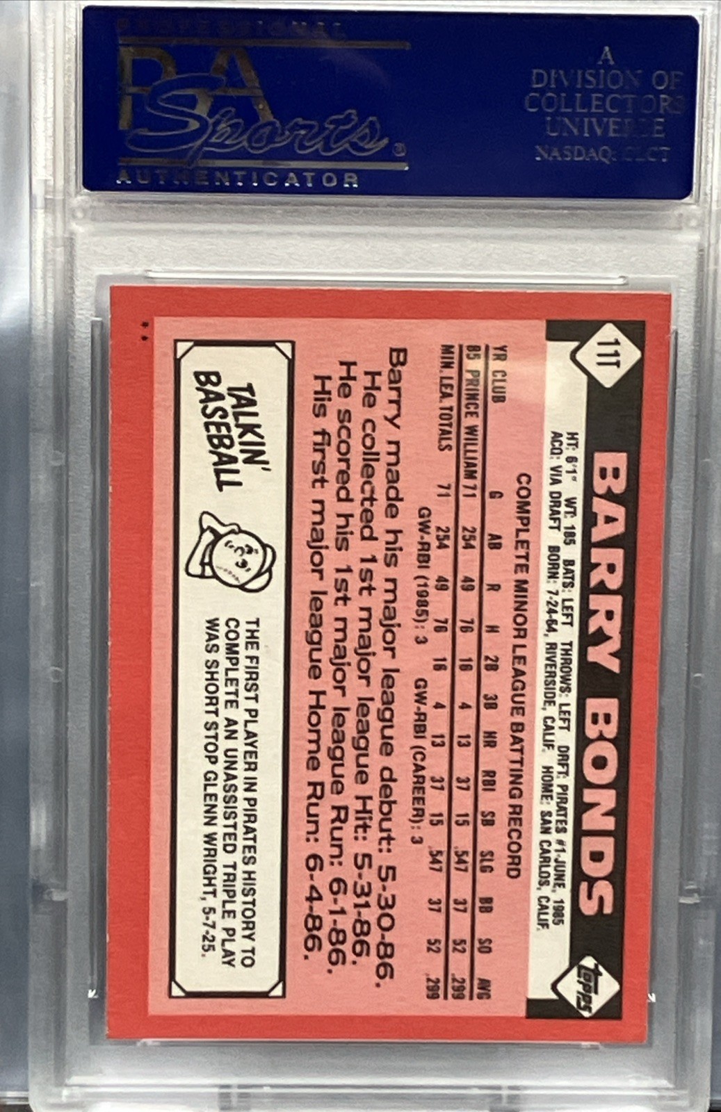 1986 Topps Traded Barry Bonds #11T PSA-8 Rookie RC Pittsburgh Pirates view 2