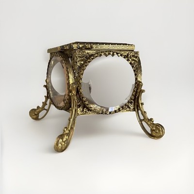 Vintage (Antique?) Ormolu Beveled Glass Jewelry Casket Trinket Box Round Vitrine