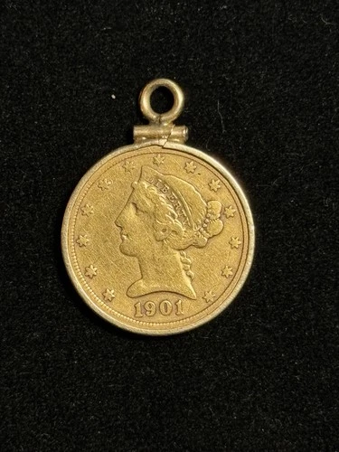 1901-S $5 Liberty Head 90% Gold Coin w/ 14k Bezel – 9.0g Total, No Reserve.