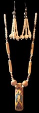 Hand Painted Wooden Bead Necklace  Earring Jewelry Set Colorful Tribal Design