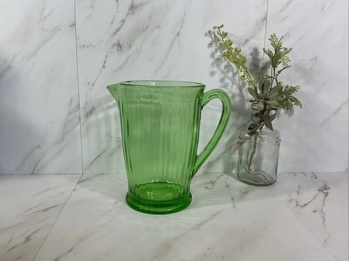 Vintage Green Depression Uranium Glow Glass Handled Water Pitcher ~6.5”~GLOWS