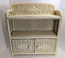 Vintage Wicker Rattan White Wall Shelf Cabinet: 3 Shelves, Double Door Cabinet