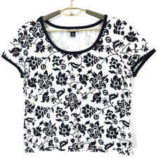 CHAPS Women's Stretch Cotton Top Short Sleeve Floral Navy Blue White Size PXL