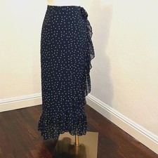 Navy Blue Wrap Midi Skirt with Polkadots, Ruffle Hem, Romantic, Women's Med