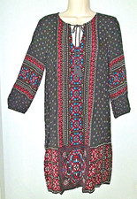 Black Print Peasant Sheath Dress 100% Rayon Tassel Tie Women Small Boho