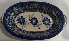 Unilkat Polish Pottery Oval Baker 10 1/2” X 6” Handles