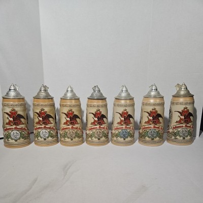 7x Budweiser Beer Ceramarte Stein, Anheuser-Busch, A,B,C,E,G,H,J Series With Lid