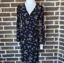 Ralph Lauren Black Faux Wrap Jersey Dress w/ Purple Floral Pattern, NWT! $109