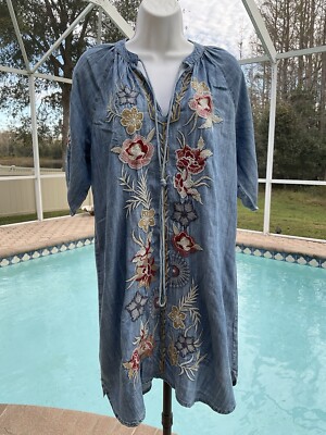 karyn seo denim dress Karyn Seo Josie Embroidered Chambray V-Neck Short Sleeve Tiered Midi Dress